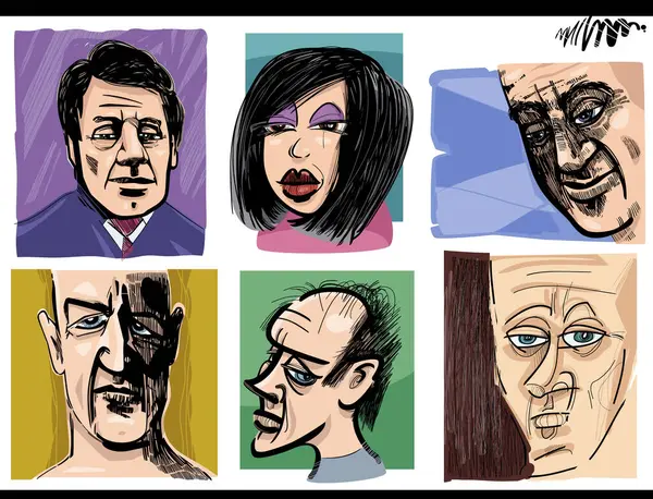 Artistieke Schets Cartoon Illustratie Van Mensen Personages Karikaturen Tekeningen Set Rechtenvrije Stockillustraties