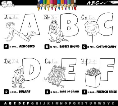 Black and white cartoon illustration of capital letters from alphabet educational set for reading and writing practice for children from A to F coloring page