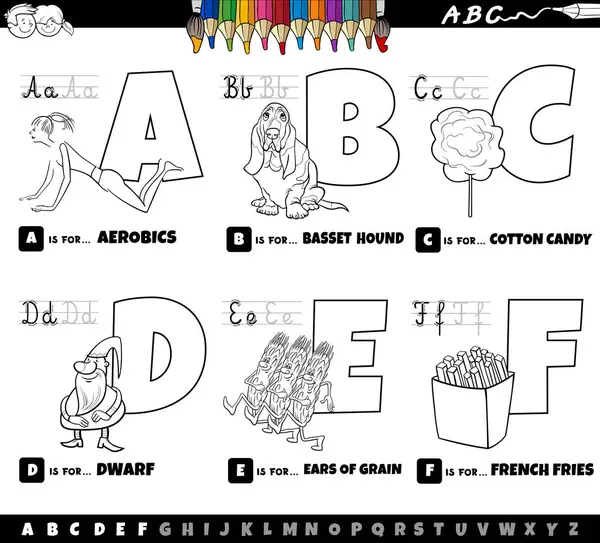Black White Cartoon Illustration Capital Letters Alphabet Educational Set Reading - Stok Vektor