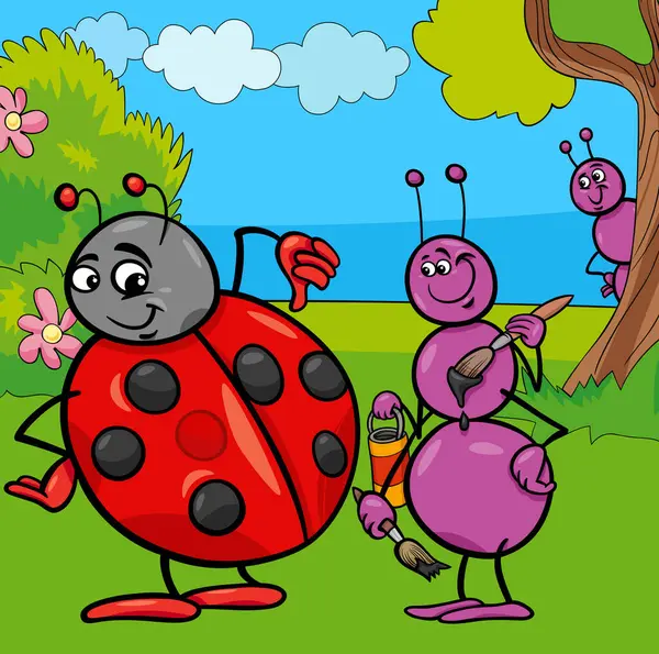 Illustration Bande Dessinée Personnages Animaux Insectes Fourmis Coccinelles — Image vectorielle