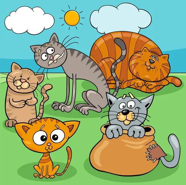 Ilustrasi Kartun Kucing Lucu Dan Kucing Kelompok Karakter Hewan - Stok Vektor