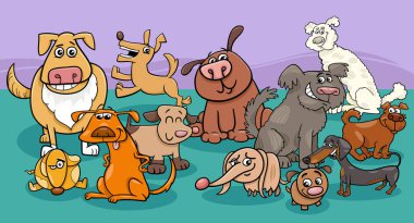 Komik köpek ve köpek yavruları hayvan karakterleri grubunun çizgi film çizimi