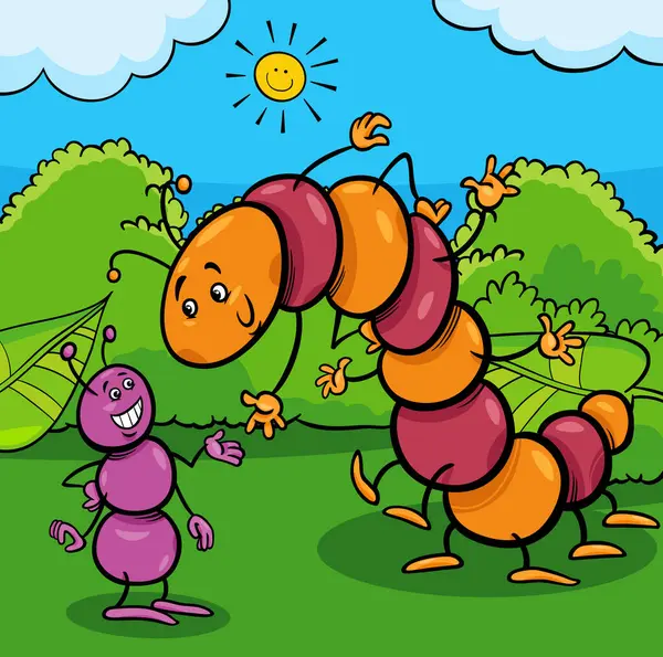 Kartun Ilustrasi Semut Dan Ulat Serangga Karakter Hewan - Stok Vektor