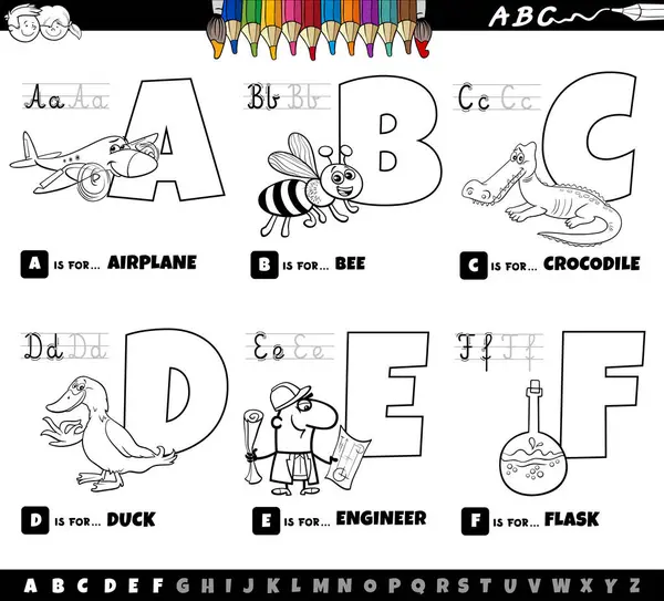 Black and white cartoon illustration of capital letters from alphabet educational set for reading and writing practice for children from A to F coloring page