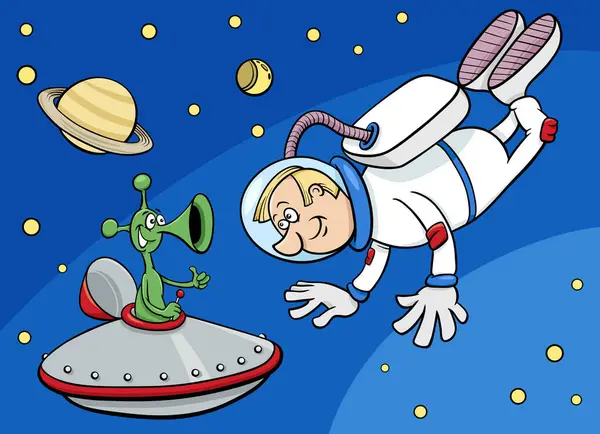 宇宙飛行士や宇宙でエイリアンと宇宙飛行士の漫画イラスト ロイヤリティフリーストックベクター