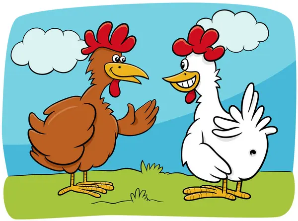Rajzfilm Illusztráció Két Csirkék Farm Madarak Karakterek Beszél Vektor Grafikák