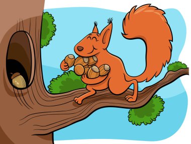 Ağaçtaki oyuğa meşe palamudu taşıyan komik sincap hayvan karakterinin çizgi film çizimi