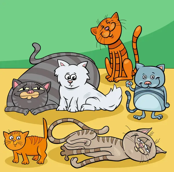 Ilustrasi Kartun Dari Kucing Lucu Dan Kucing Karakter Hewan Komik - Stok Vektor
