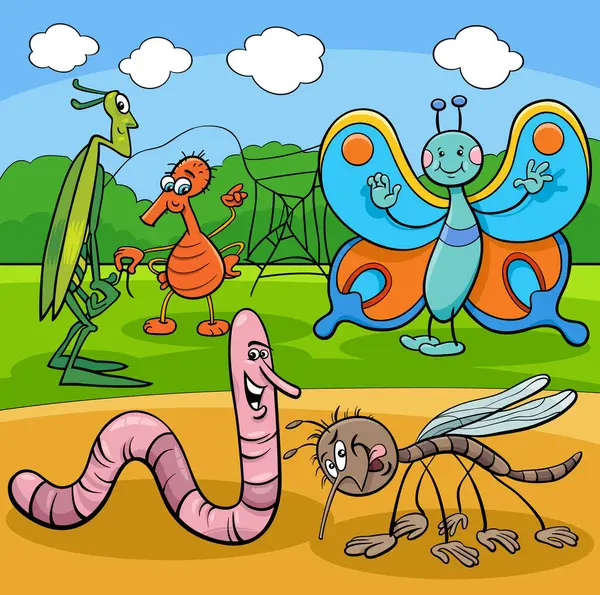 Illustration Bande Dessinée Insectes Heureux Drôle Groupe Personnages Animaux — Image vectorielle
