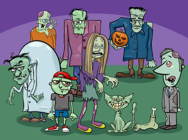 Tecknad Illustration Zombies Grupp Eller Människor Zombie Kostymer Stockvektor