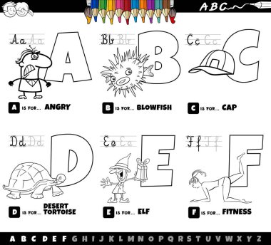 A 'dan F renklendirme sayfasına kadar çocuklar için okuma ve yazma pratiği için alfabe eğitim setinden büyük harflerin siyah beyaz çizimi
