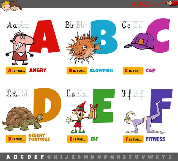 AからFまでの子供のための読み書き練習のためのアルファベット教育セットからの大文字の漫画のイラスト ストックイラスト
