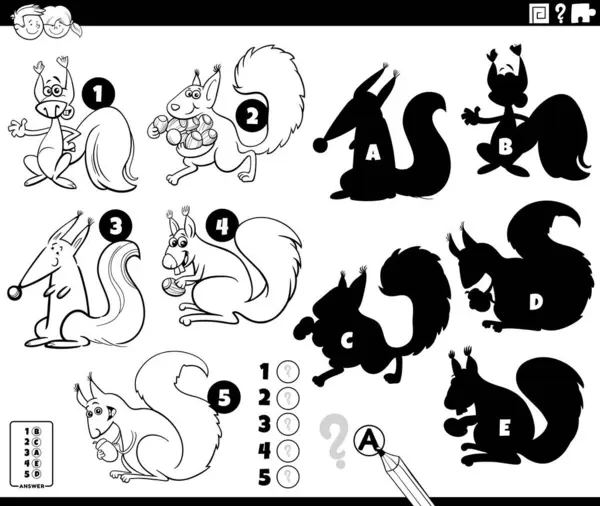 为图画教育游戏找到正确阴影的卡通图解 松鼠动物角色着色页面 矢量图形