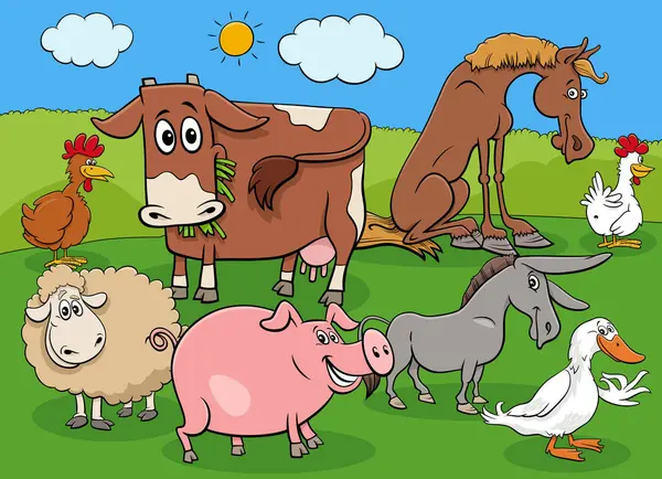 Komik Çiftlik Hayvanları Çizgi Film Çizimi Çizgi Roman Karakterleri Grubu — Stok Vektör