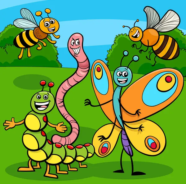 Tecknad Illustration Glada Insekter Roliga Djur Tecken Grupp Vektorgrafik