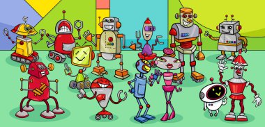 Komik robotlar ve droidler fantezi karakter grubunun çizgi film çizimi