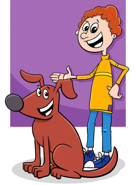 Ilustrasi Kartun Karakter Bahagia Anak Laki Laki Dengan Anjingnya - Stok Vektor