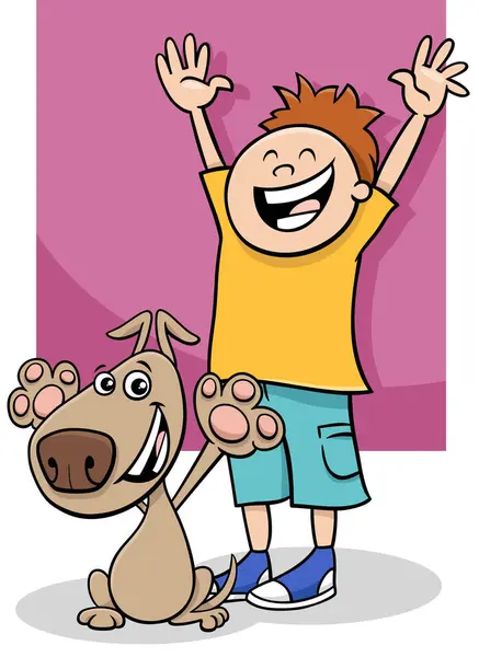 Ilustrasi Kartun Karakter Anak Laki Laki Bahagia Dengan Anjing Peliharaannya - Stok Vektor