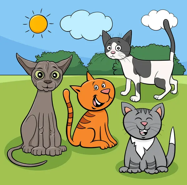 Illustrazione Cartone Animato Gatti Divertenti Personaggi Animali Comici Nel Prato Vettoriali Stock Royalty Free