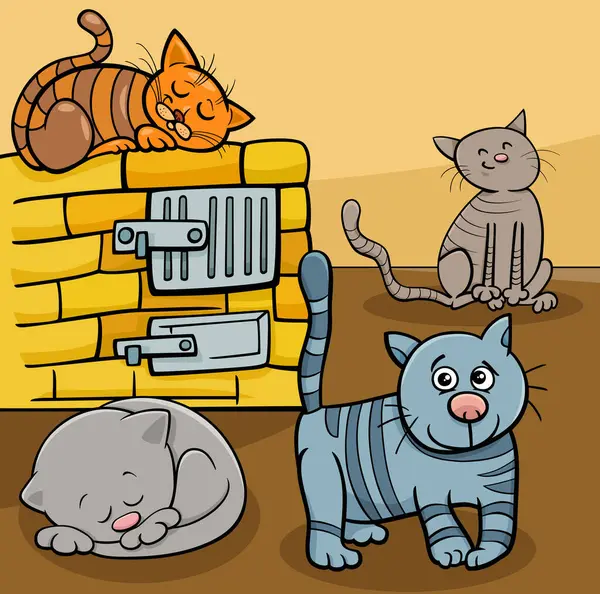 Cartoon Illustratie Van Grappige Katten Stripdier Personages Thuis Rechtenvrije Stockvectors