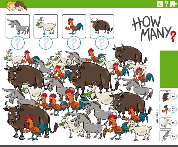 Dibujos Animados Ilustración Juego Conteo Educativo Con Personajes Animales Granja Ilustración de stock
