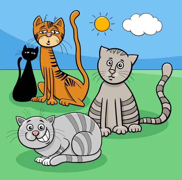 Cartoon Illustratie Van Grappige Katten Kittens Dierlijke Karakters Weide — Stockvector