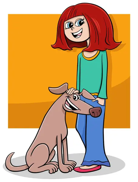 Ilustrasi Kartun Gadis Remaja Yang Bahagia Dengan Karakter Anjing Yang - Stok Vektor