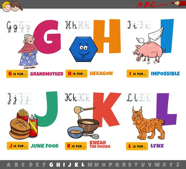 GからLまでの子供のための読み書き練習のためのアルファベット教育セットからの大文字の漫画のイラスト ロイヤリティフリーストックベクター
