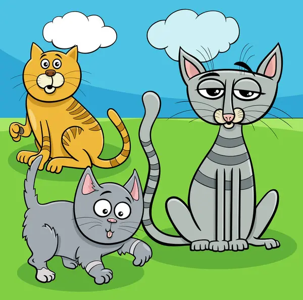 Çayırdaki Komik Kedilerin Çizgi Film Çizimleri Stok Illüstrasyon