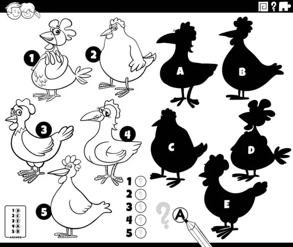 Мультфильм Иллюстрация Нахождения Правильных Теней Картинкам Образовательная Игра Курицами Курицы Стоковая Иллюстрация