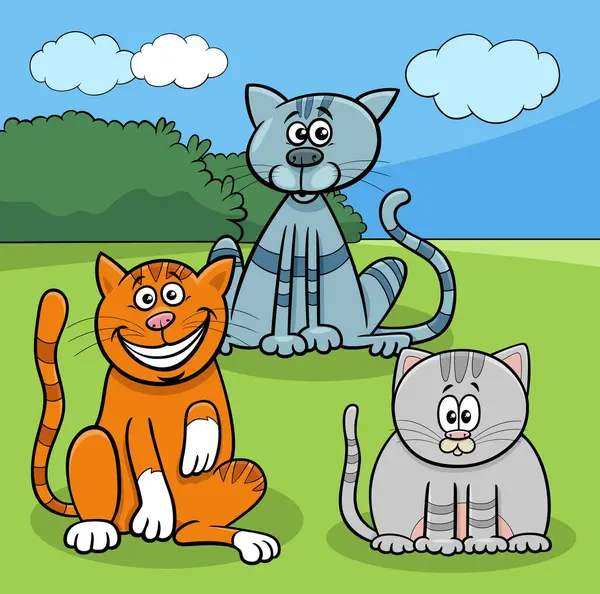 Мультфильм Иллюстрация Смешных Кошек Комических Животных Персонажей Лугу Стоковый вектор
