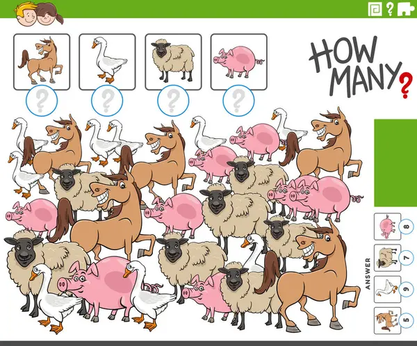 Cartoon Illustration Des Pädagogischen Zählspiels Mit Comic Bauernhof Tierfiguren lizenzfreie Stockillustrationen