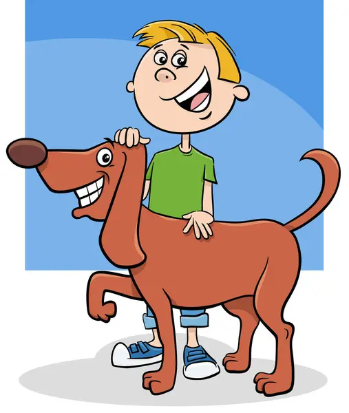 Illustrazione Del Cartone Animato Felice Ragazzo Personaggio Con Suo Cane — Vettoriale Stock