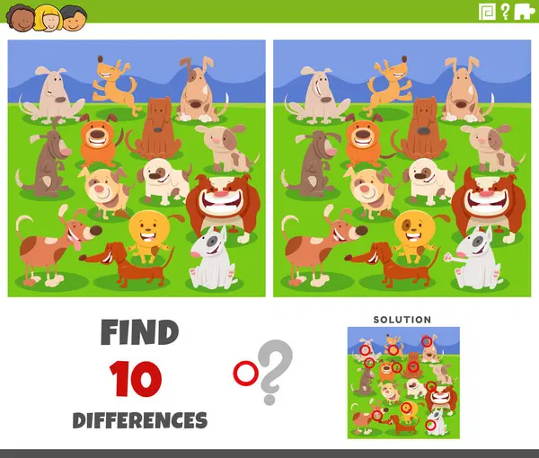 卡通图解揭示了犬类动物角色群图教游戏的差异 免版税图库矢量图片
