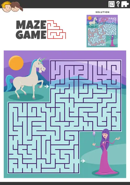 Illustrazione Cartone Animato Labirinto Educativo Puzzle Game Con Unicorno Strega Illustrazione Stock