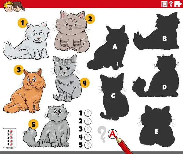 猫の動物のキャラクターと写真教育ゲームに正しい影を見つけることの漫画のイラスト — ストックベクタ