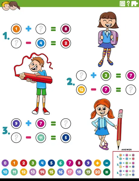 Ilustracja Kreskówki Edukacyjne Matematyczne Dodawanie Odejmowanie Puzzle Postaciami Dzieci Szkole Wektory Stockowe bez tantiem