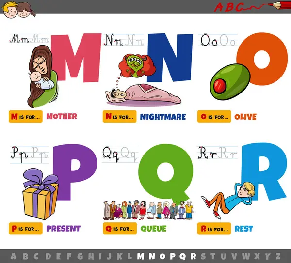 MからRまでの子供のための読み書き練習のためのアルファベット教育セットからの大文字の漫画のイラスト — ストックベクタ