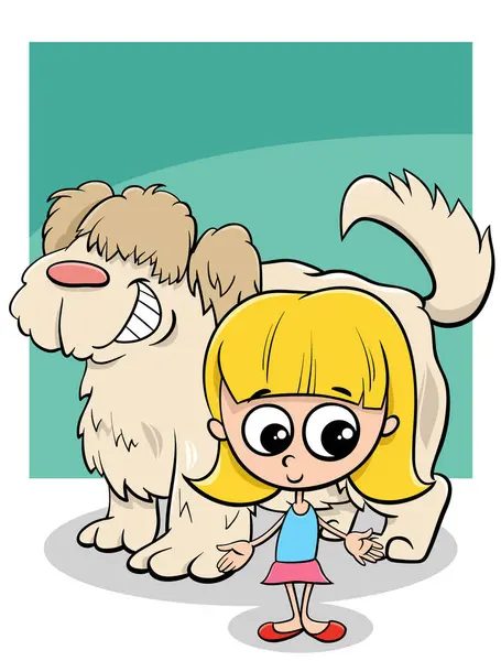 Cartoon Illustratie Van Meisje Met Grappige Grote Shaggy Hond Karakter Rechtenvrije Stockillustraties