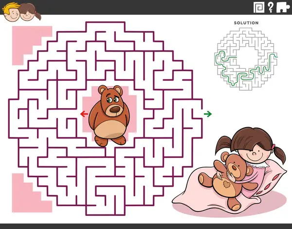 Мультипликационная Иллюстрация Развивающей Игры Лабиринта Детей Маленькой Девочкой Плюшевым Медведем Векторная Графика