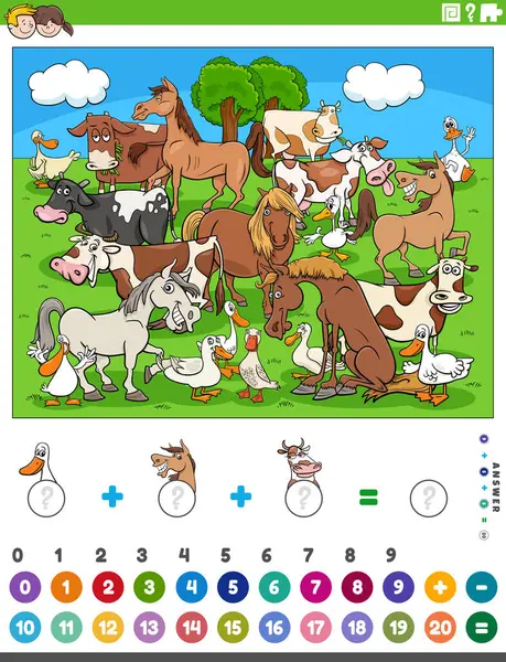 農場の動物と子供のための教育数学のカウントと追加活動の漫画のイラスト — ストックベクタ