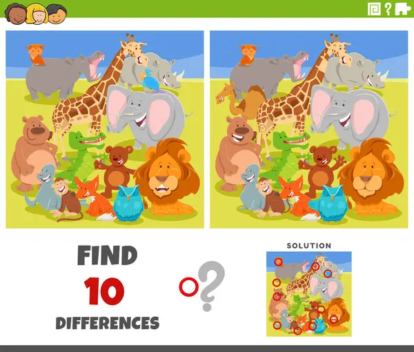 Cartoon Illustration Finding Differences Pictures Educational Game Wild Animal Characters — Stock Vector
