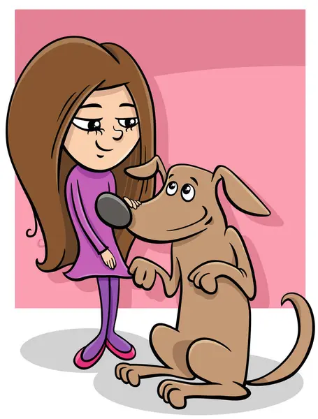 Cartoon Illustration Von Mädchen Mit Lustigen Braunen Hundecharakter — Stockvektor