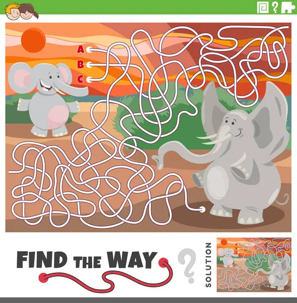 Rajzfilm Illusztráció Megtalálni Utat Labirintus Puzzle Tevékenység Vicces Elefántok Állati Jogdíjmentes Stock Illusztrációk