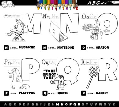 Black and white cartoon illustration of capital letters from alphabet educational set for reading and writing practise for children from M to R coloring page