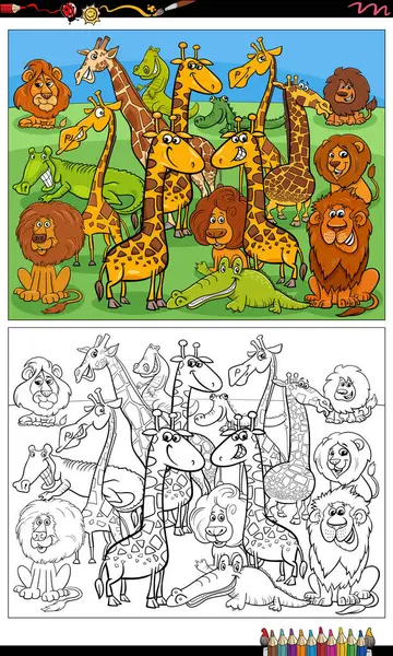 Illustrazione Cartone Animato Animali Selvatici Personaggi Colorare Pagina — Vettoriale Stock