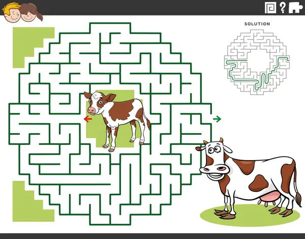 Cartoon Illustration Educational Maze Puzzle Game Children Calf Cow Animal — Stock Vector