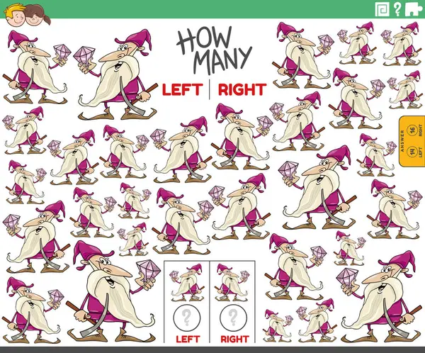 宝石とドワーフの左と右向きの写真を数える教育ゲームの漫画のイラスト — ストックベクタ