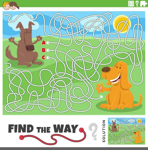 Illustrazione Cartone Animato Trovare Modo Labirinto Puzzle Attività Con Cani — Vettoriale Stock