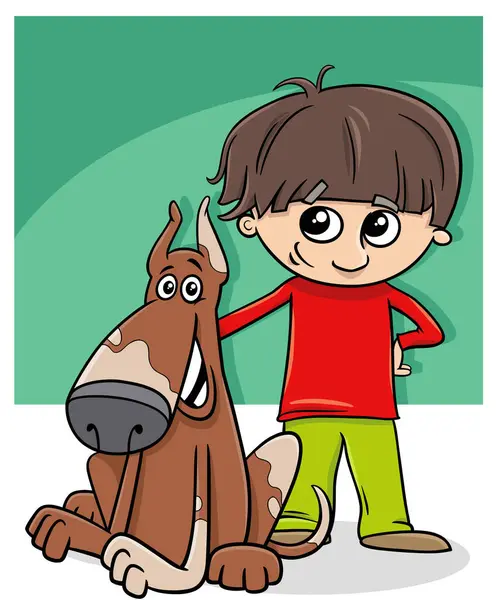 Illustrazione Cartone Animato Divertente Ragazzo Personaggio Con Suo Cane — Vettoriale Stock